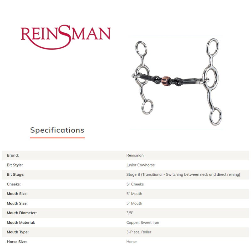 Reinsman 349 Junior Cowhorse Bit | Durable Stage B Transitional Horse Size Smooth Dogbone Snaffle | 3-Piece Sweet Iron Mouth with Copper Roller - Image 3